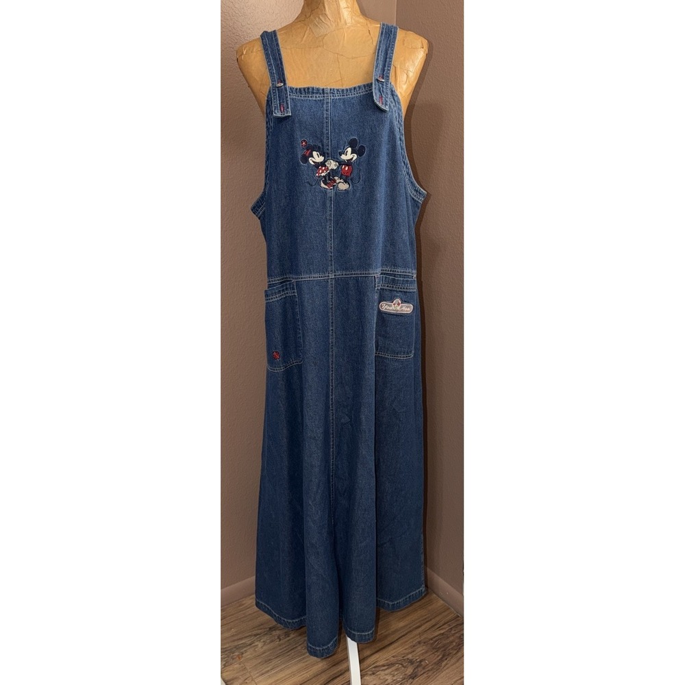 Disney Store Midi Denim Overall Dress LARGE, Mickey & Minnie Mouse 100% cotton